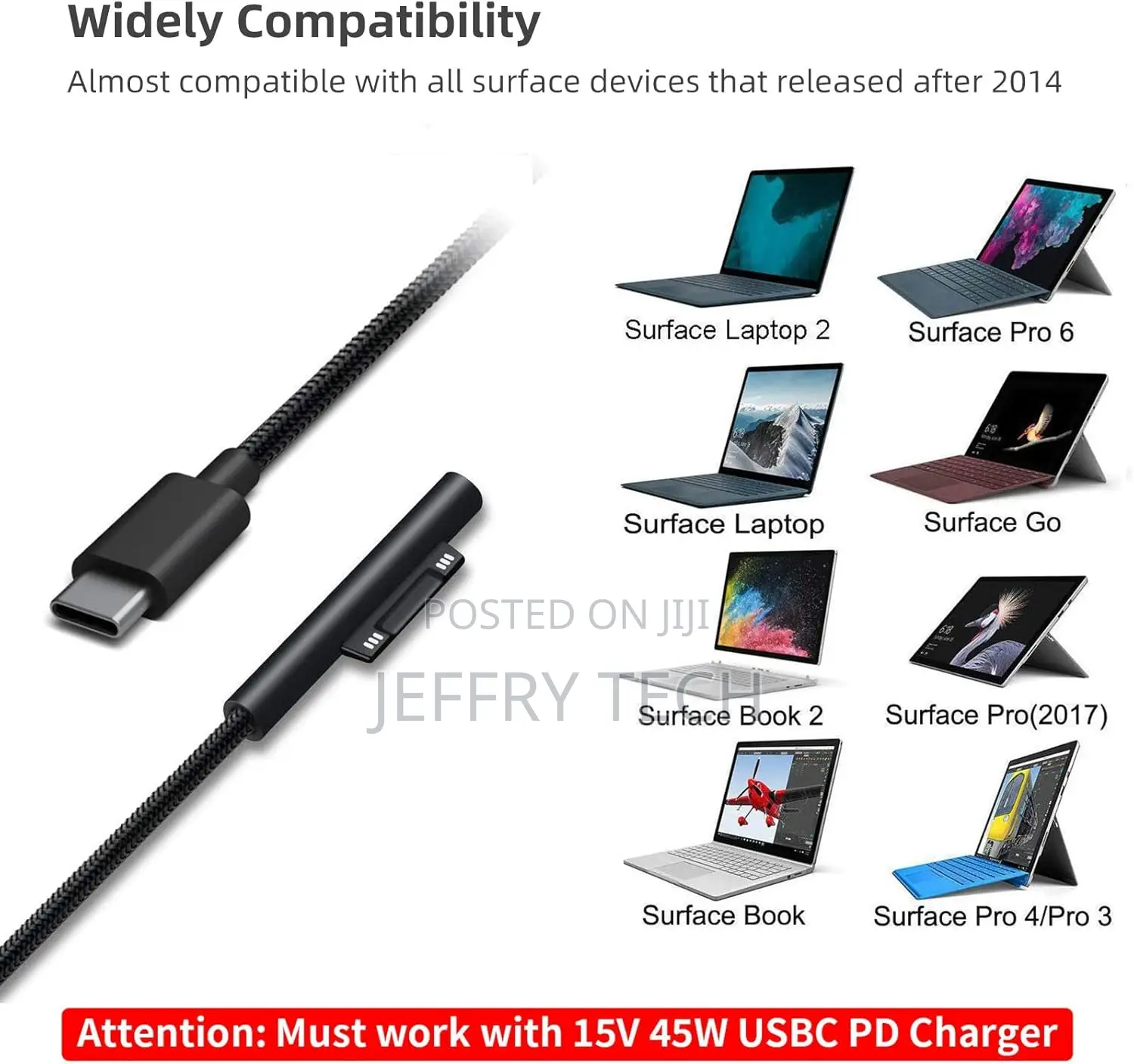 Cable for Microsoft Surface Pro 7/6/5/4/3go3/2/1 Usb-C