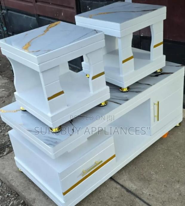 Coffee Table With Glass/Marble Topping With 2 Stools - main view