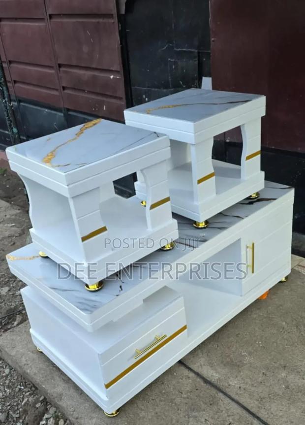 Coffee Table With Glass/Marble Topping With 2 Stools - main view