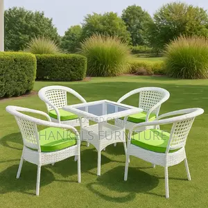 4-Seater White Rattan Outdoor Dining Set – With Glass-Top Table