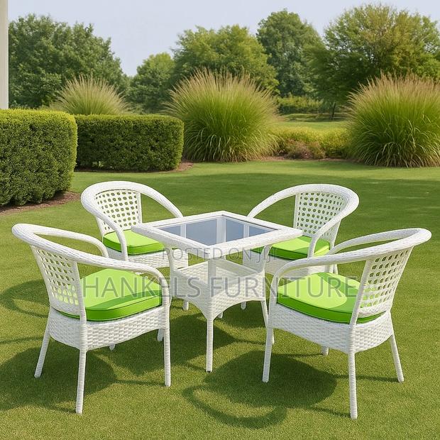 4-Seater White Rattan Outdoor Dining Set – With Glass-Top Table