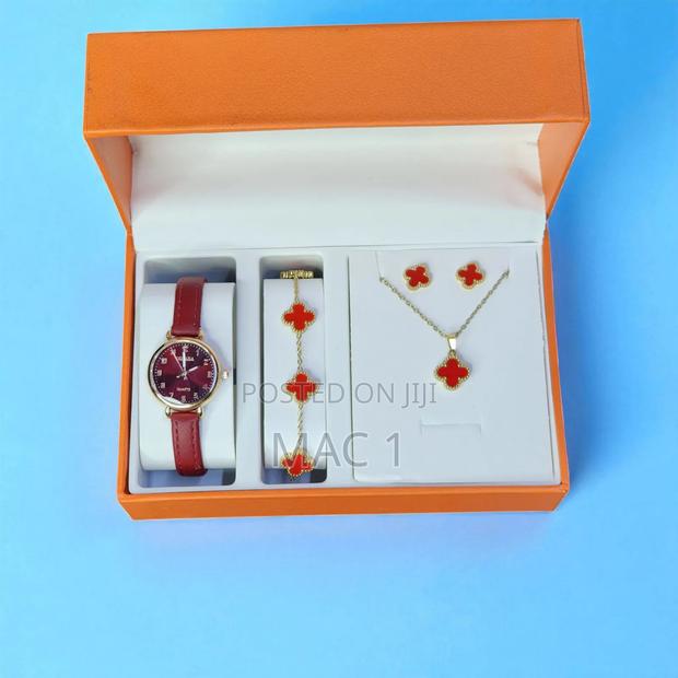 Red 5 PCS Ladies Gift Set Female Watch Bracelet Necklace Earing Gift