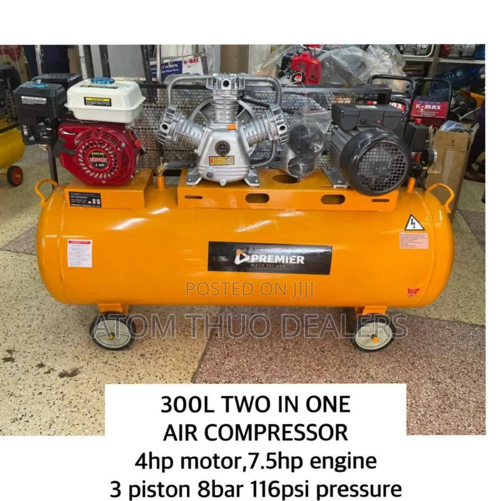 Premier 300l 2 in 1 Air Compressor 4hp Motor,7.5hp Engine