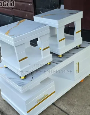 White Coffee Table With Glass/Marble Topping With 2 Stools 