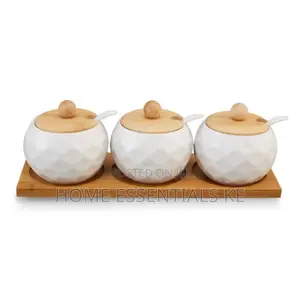 7pc Ceramic Seasoning Set With Bamboo Tray/Canister Jars