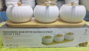 7pc Ceramic Seasoning Set With Bamboo Tray/Canister Jars