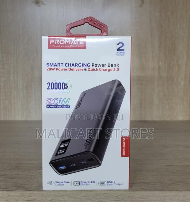 Promate Compact Smart Charging Power Bank 20w Pd Dual Usb-C and 22.5w