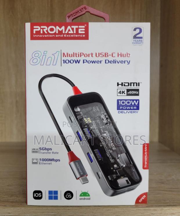 Promate Transhub-Mini 8in1 Transparent Ultra-Fast Multiport Usb-C Hub