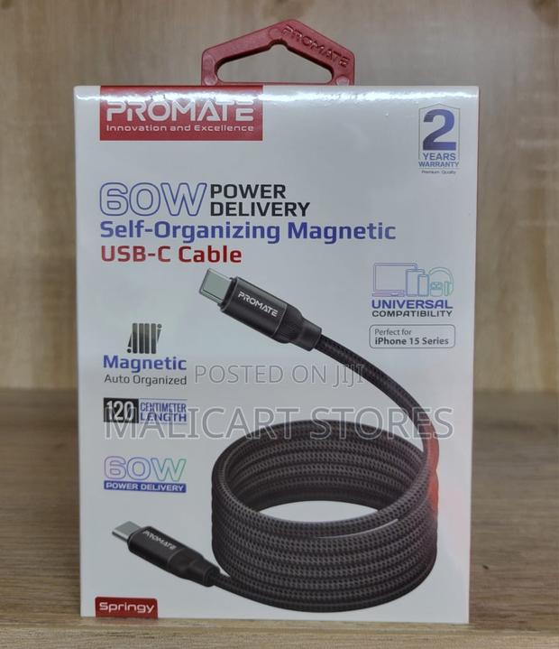Promate 60w Power Delivery Self-Organizing Magnetic Usb-C Cable