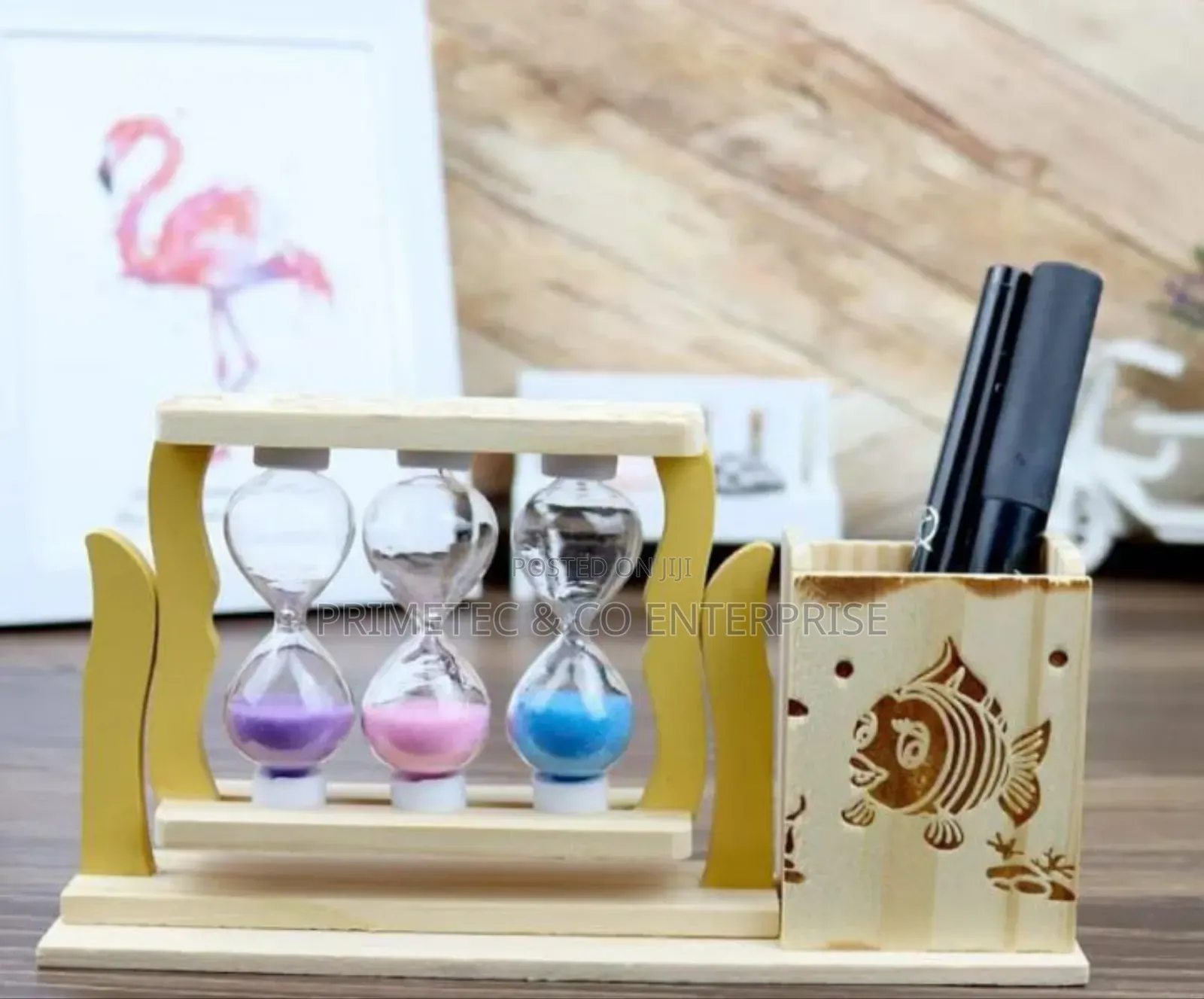 *Handicraft Wooden Pen Stand With 3 Hourglass Timer