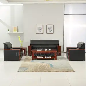 Office Seat: 5-Seater Mahogany Armrest Leather Waiting Sofa