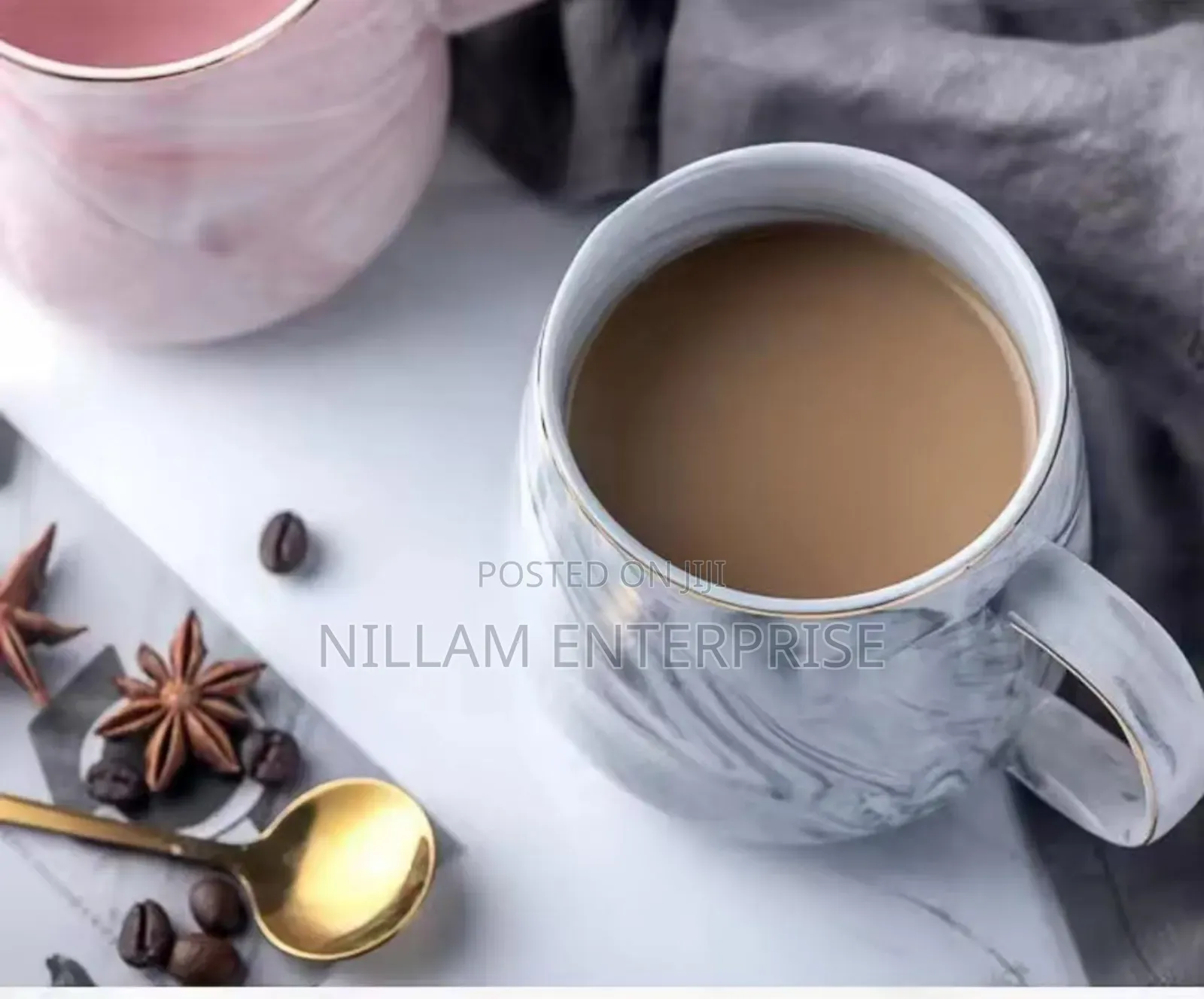 Marble Effect Ceramic Pearl Cups With Golden Rim 6pc 400ml