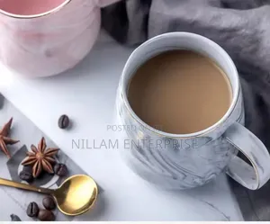 Marble Effect Ceramic Pearl Cups With Golden Rim 6pc 400ml