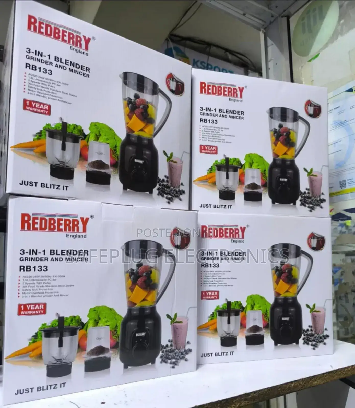 3 in 1 Red Berry Blender;Blender,Chopper and Grinder