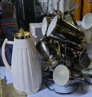 1litre White Classy Flask With 6pcs Black Gold Ups Tea Set