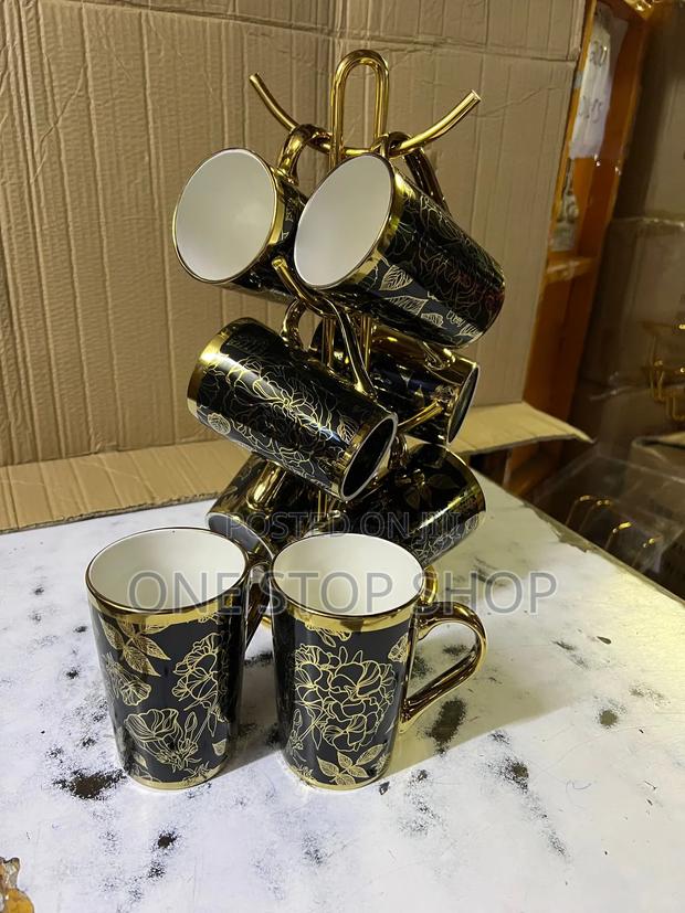 6pcs Ceramic Black Gold Unique Mugs Tea Set - main view