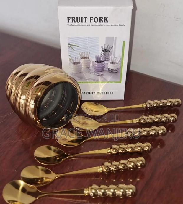 Stylish Fruit Fork Golden Ceramic Bowl Plus 6 Teaspoons - main view