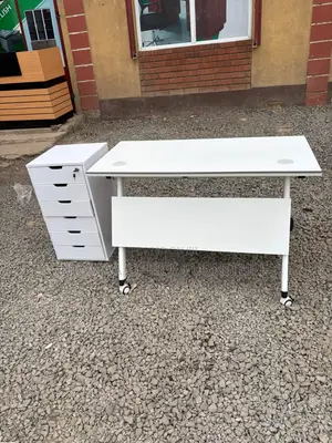 Office Desk: Modern White Mobile Desk With Storage Cabinet
