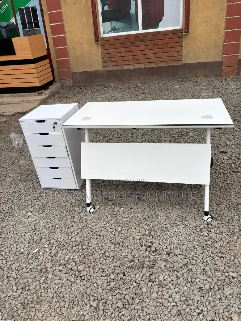Office Desk: Modern White Mobile Desk With Storage Cabinet