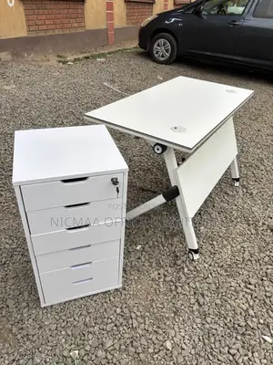 Office Desk: Modern White Mobile Desk With Storage Cabinet
