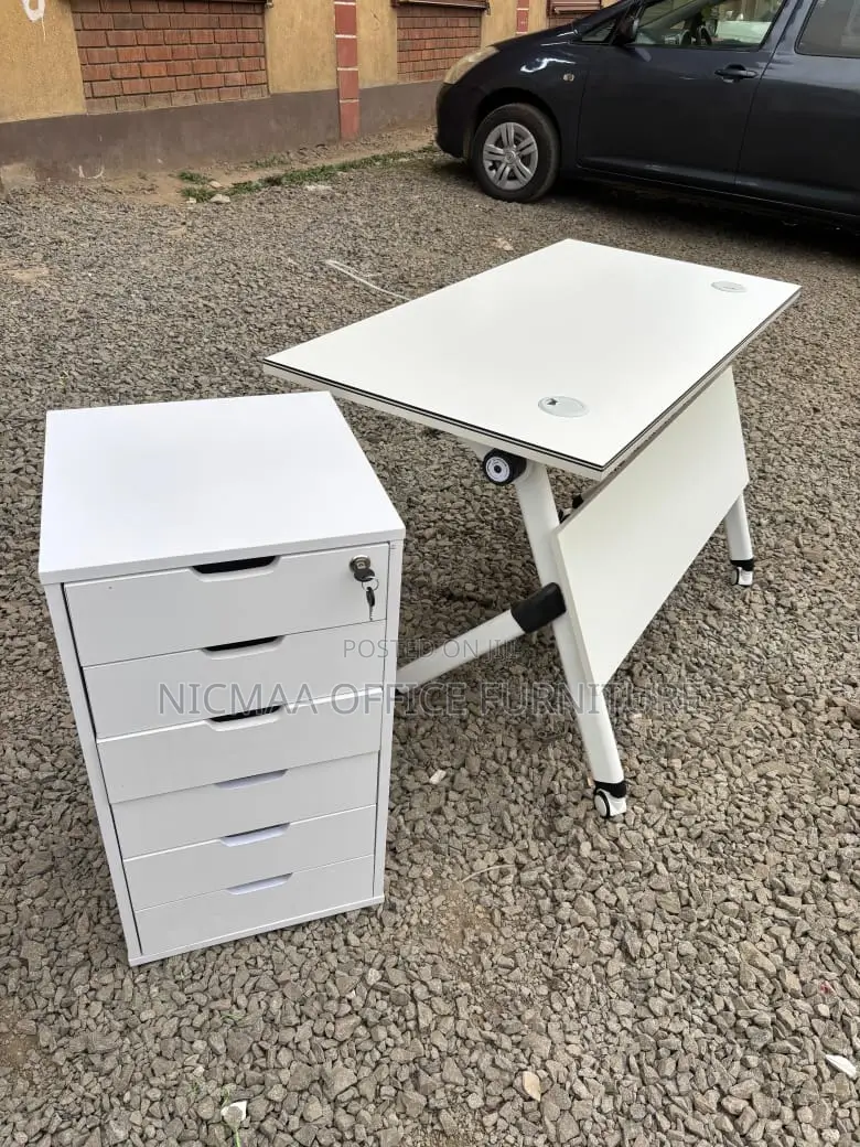 Office Desk: Modern White Mobile Desk With Storage Cabinet