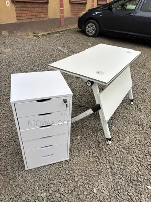 Office Desk: Modern White Mobile Desk With Storage Cabinet