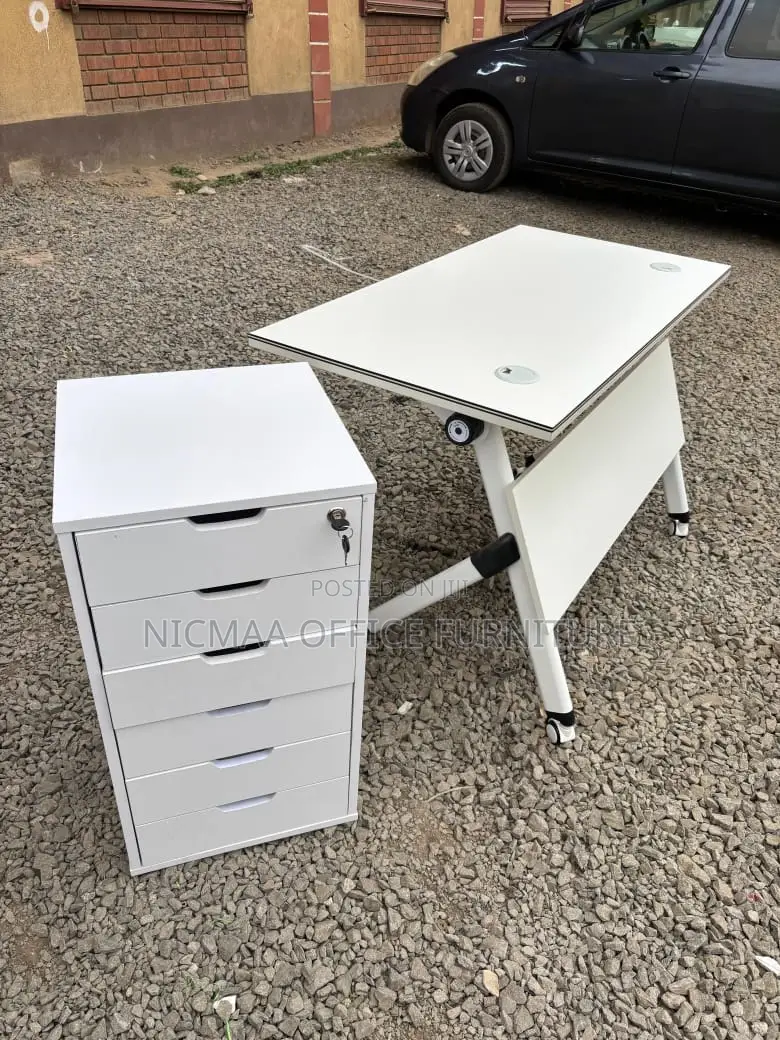 Office Desk: Modern White Mobile Desk With Storage Cabinet