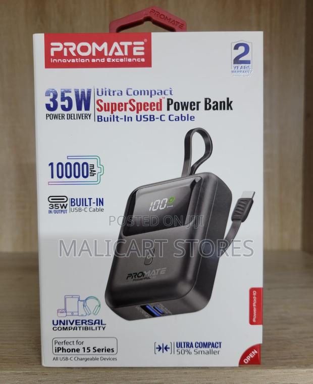 Promate Ultra Compact 35w Superspeed Power Bank Built-in Usb-C Cable
