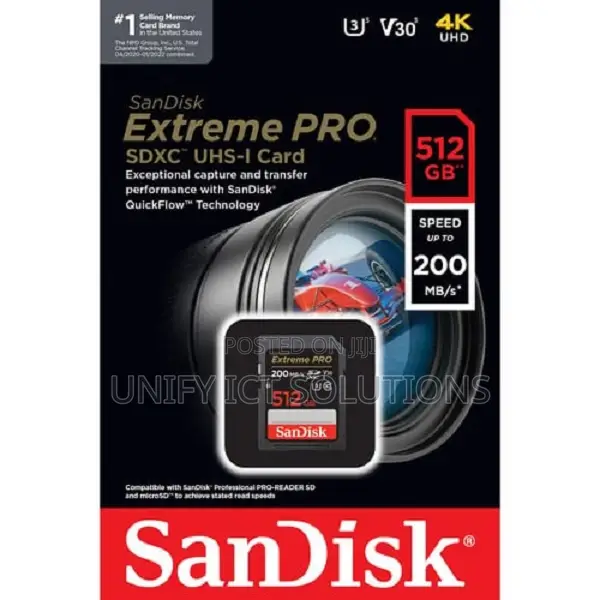 Sandisk Extreme Pro SDHC and SDXC Uhs-I Card Up to 200mb/S - 512gb