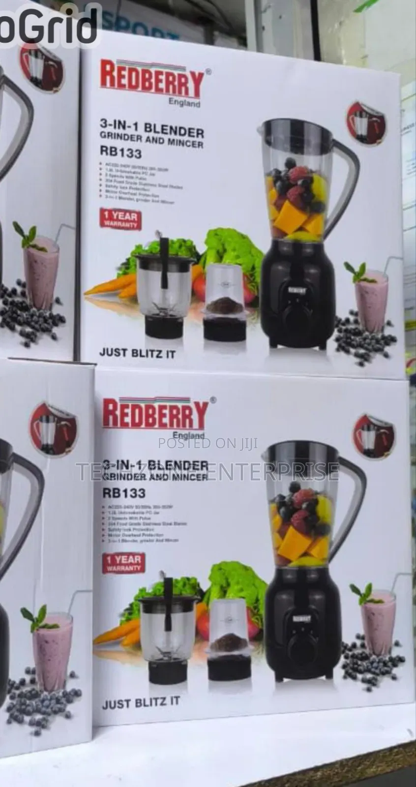 Heavy Duty 3 in 1 Redberry Blender;Blender, Chopper and Grinder 
