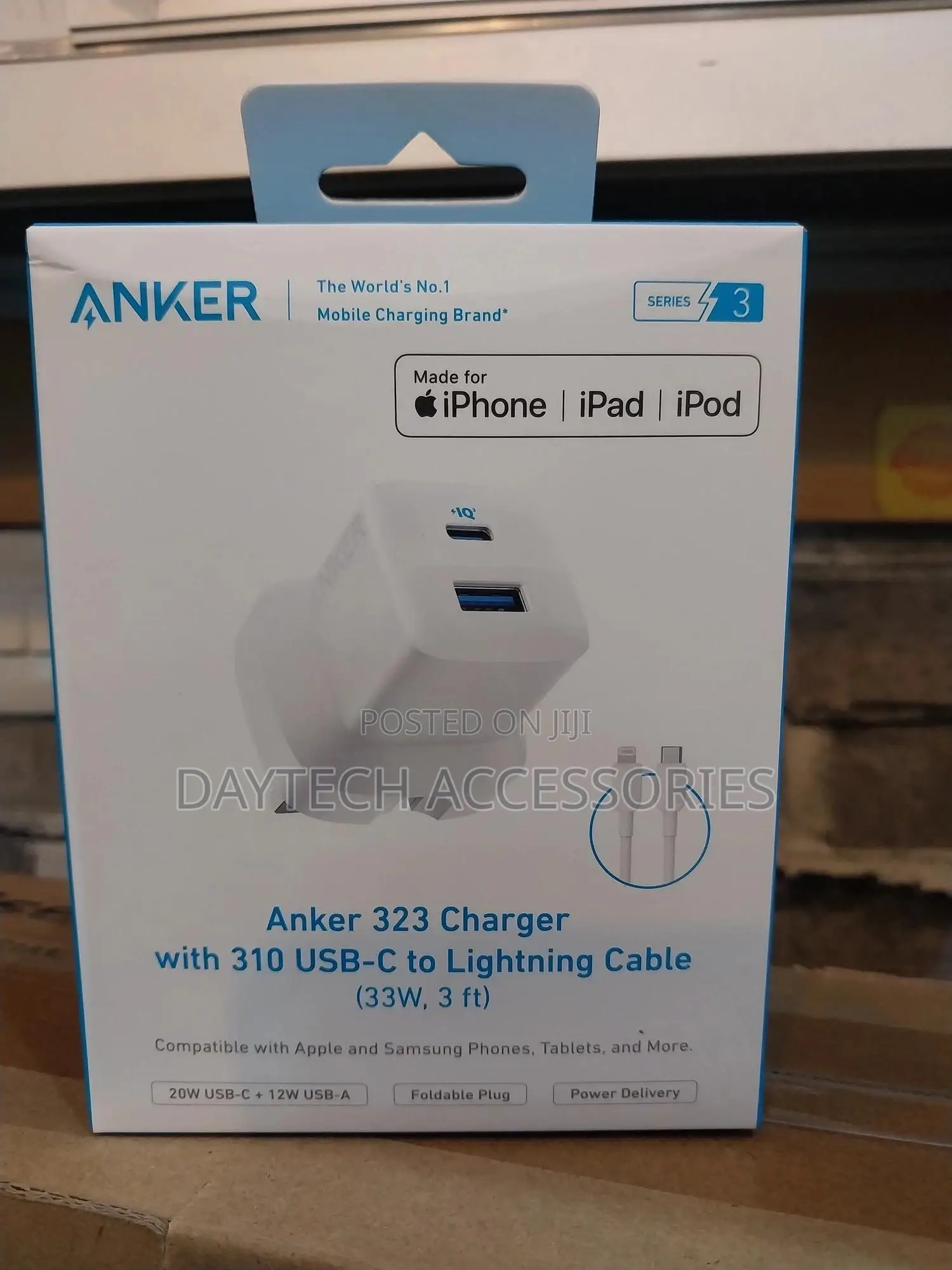 Anker 323 Charger With a 310 Usb-C to Lightning Cable.