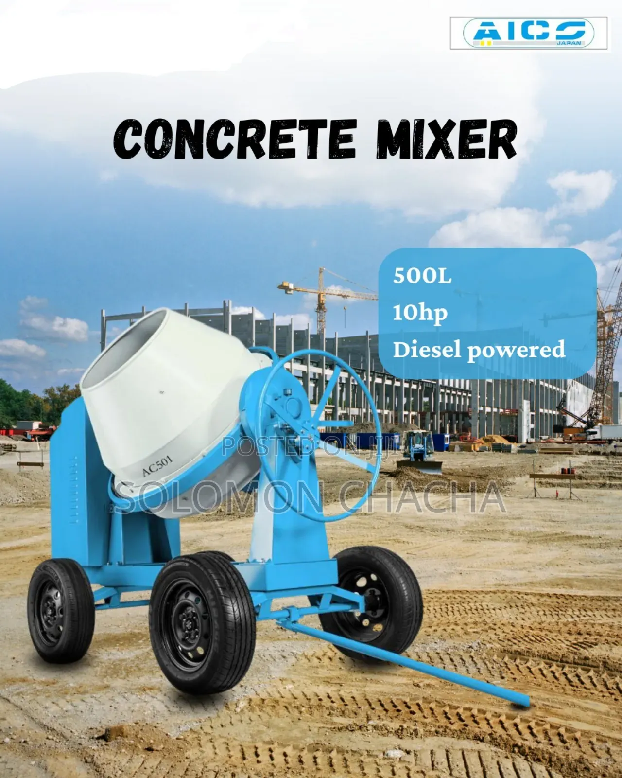 500 Litres Aico Concrete Mixer With 10hp Powered Deisel Engine Quality