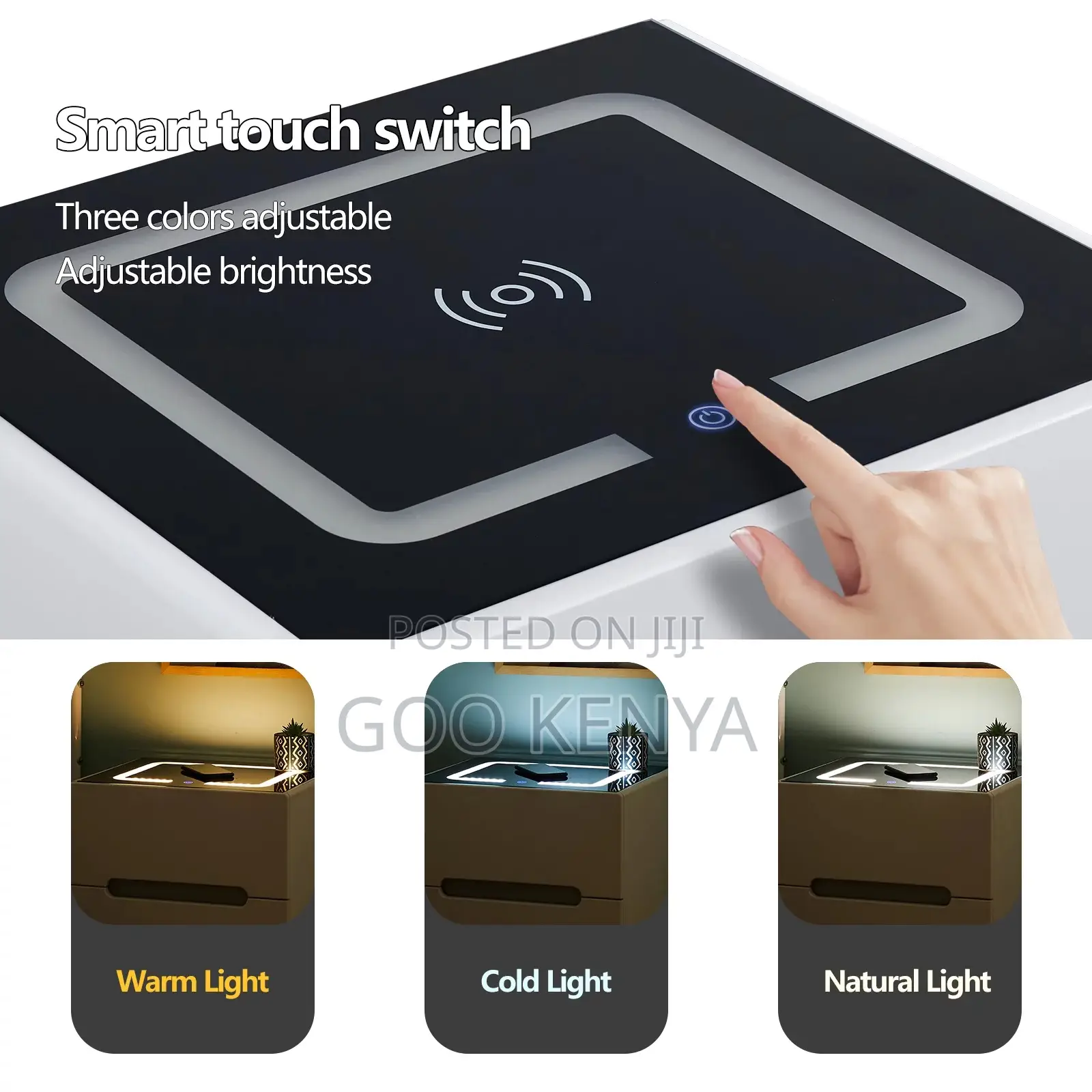 Bedside Table; Led Lighted Smart Bedside Nightstand