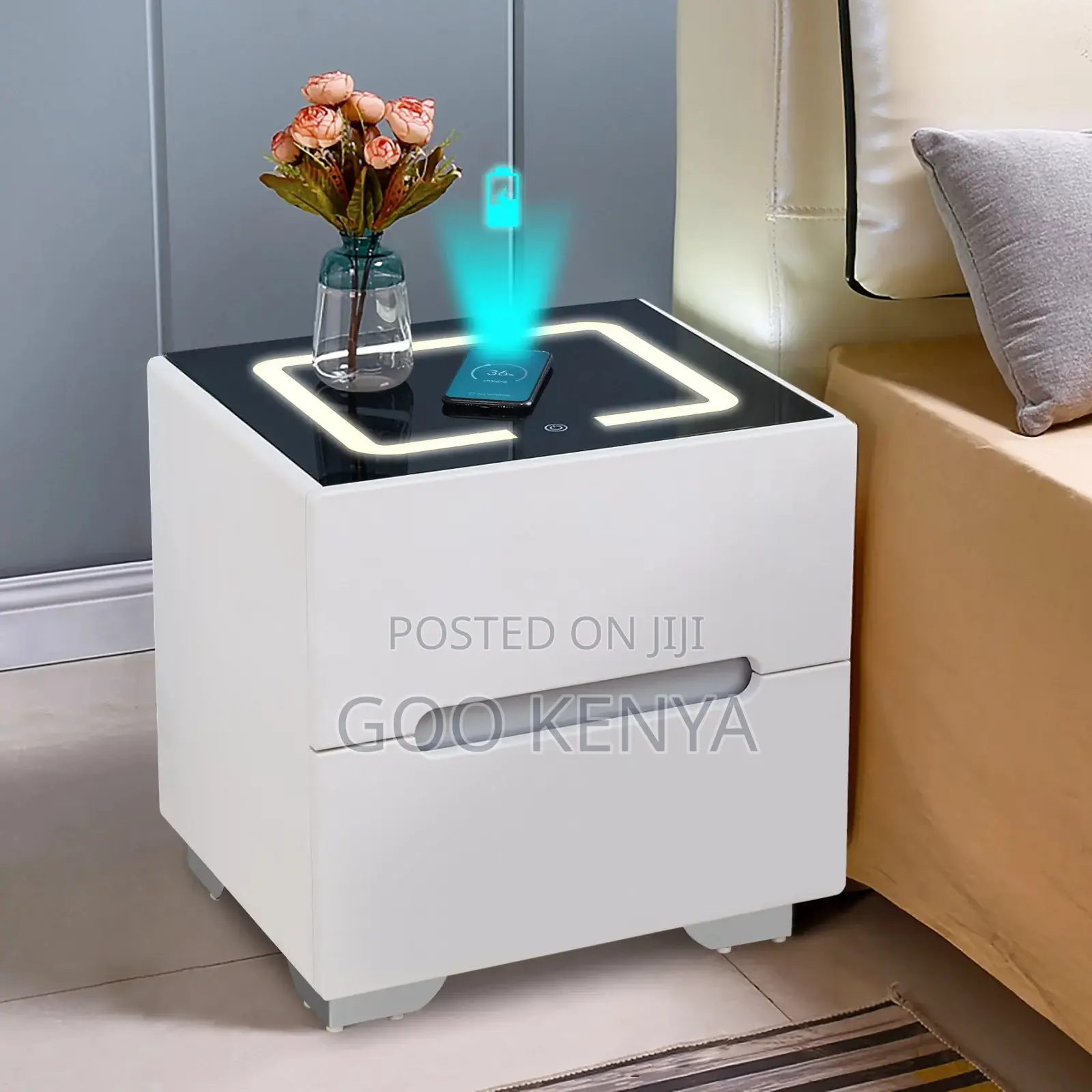 Bedside Table; Led Lighted Smart Bedside Nightstand