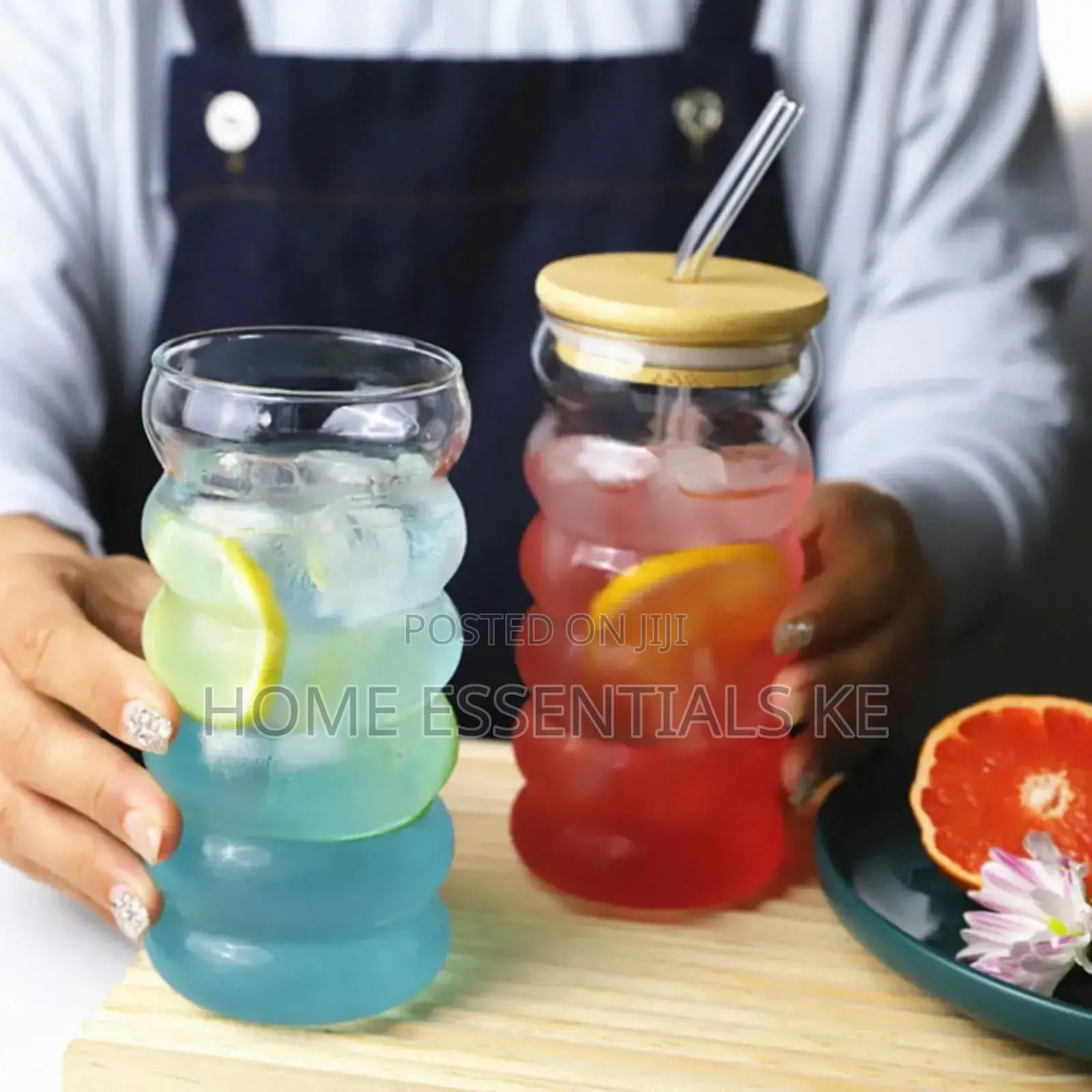 *Borosilicate Ripple Wave Glass Cup With Bamboo Lid*500ml
