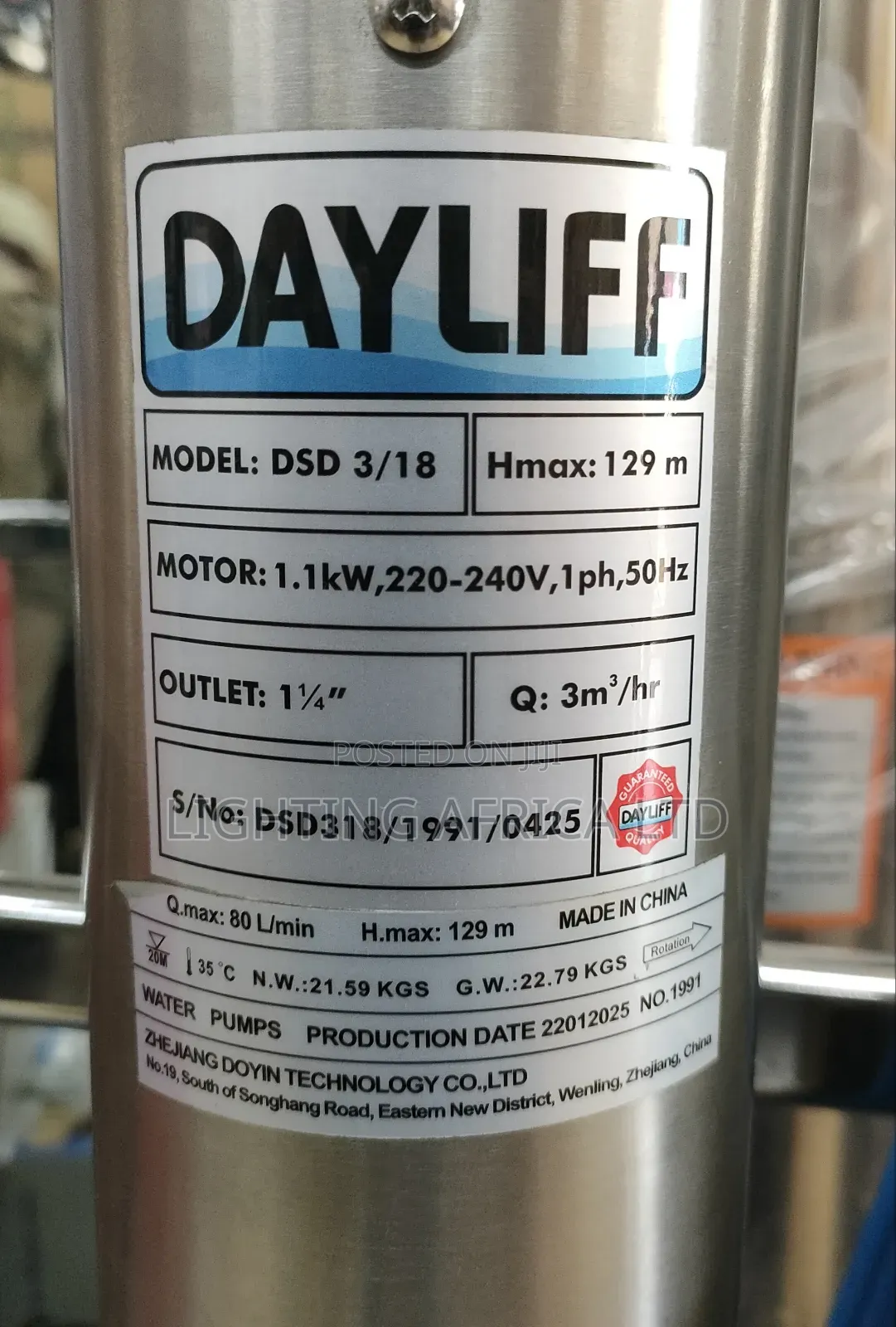 129 Meters Head - 1hp - 1.1kw - 1.5" Outlet Ac Dayliff Pump