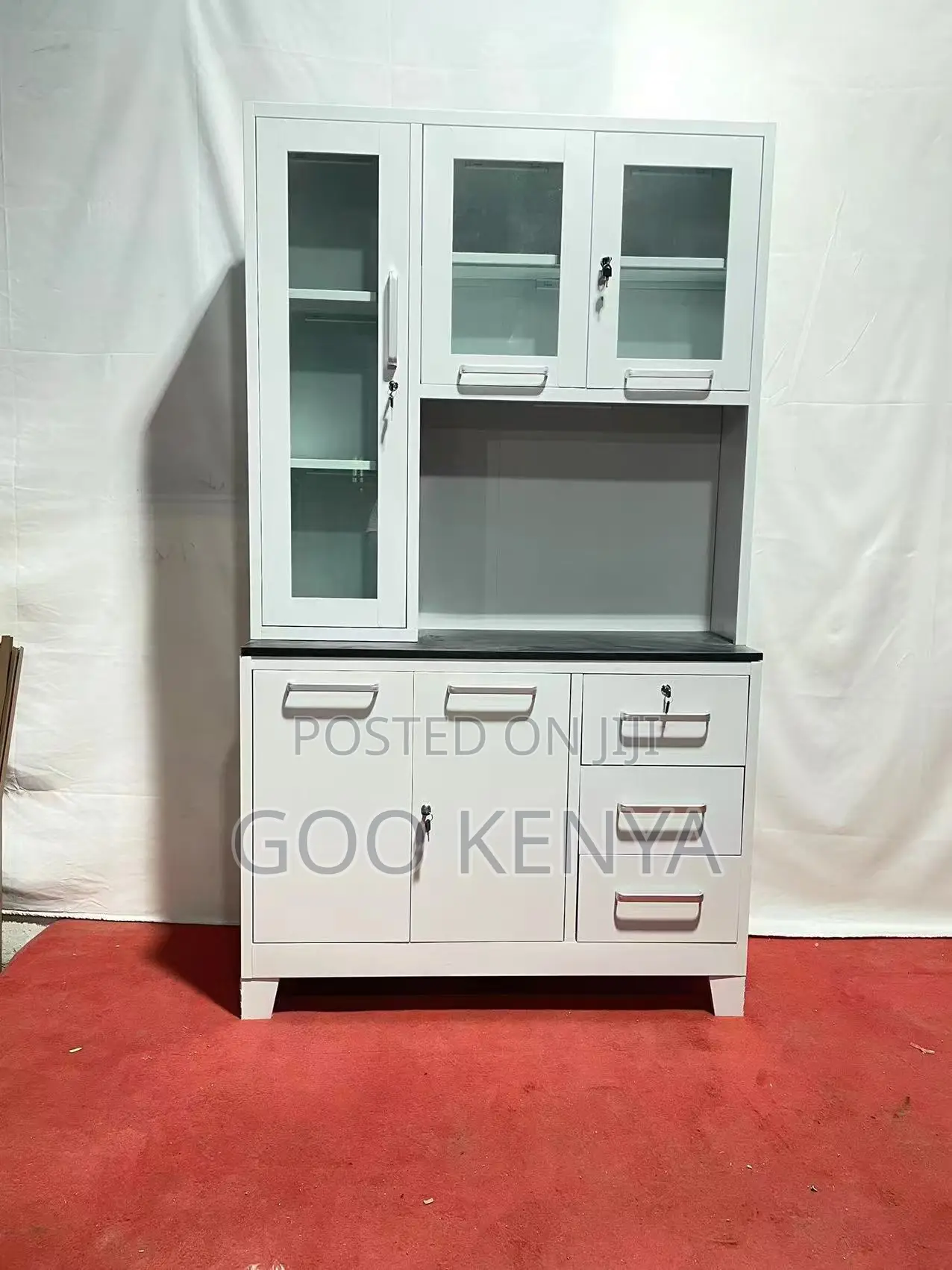 Kitchen Cupboard; Metal And Glass Kitchen Cupboard With Shelves