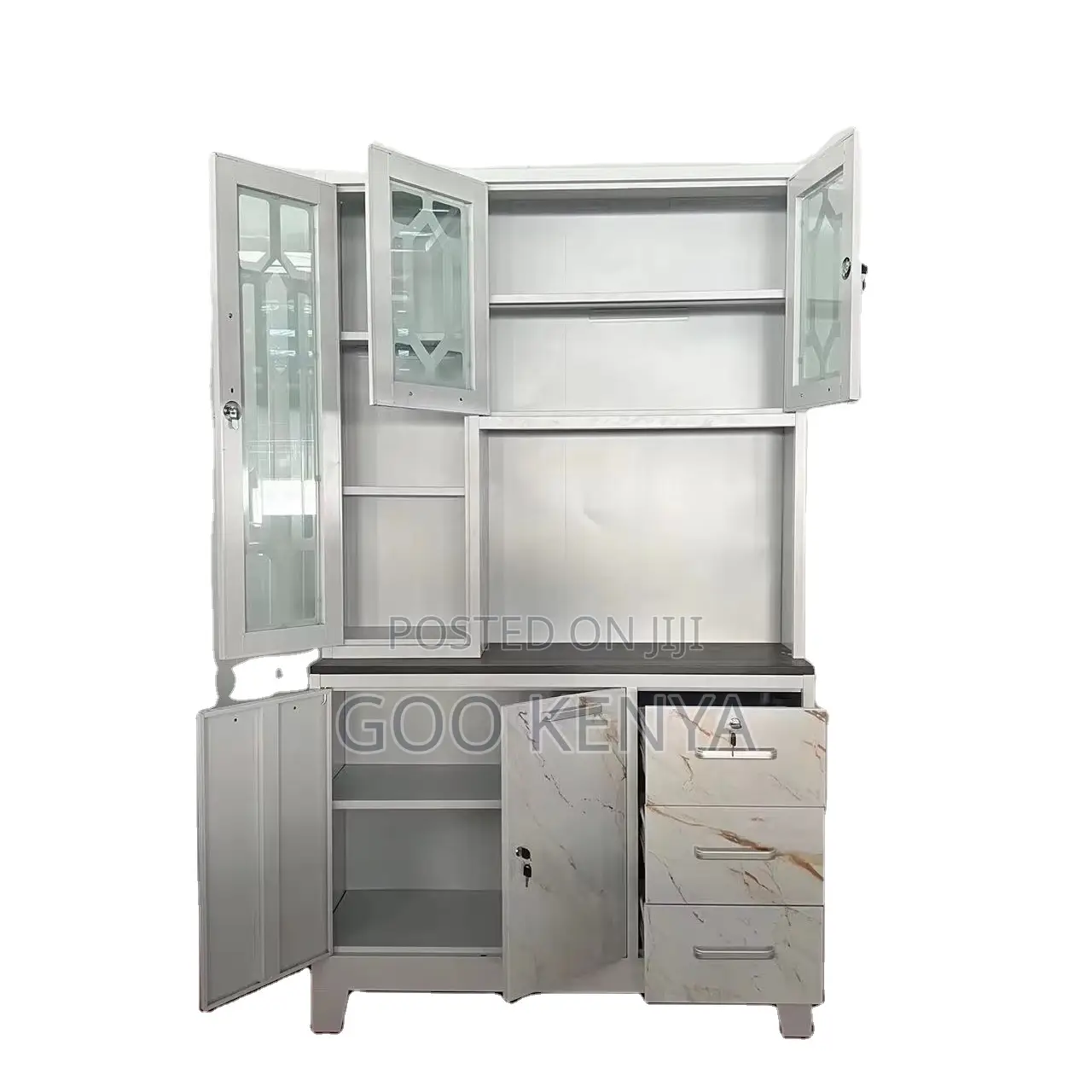 Kitchen Cupboard; Metal And Glass Kitchen Cupboard With Shelves