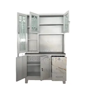 Kitchen Cupboard; Metal And Glass Kitchen Cupboard With Shelves