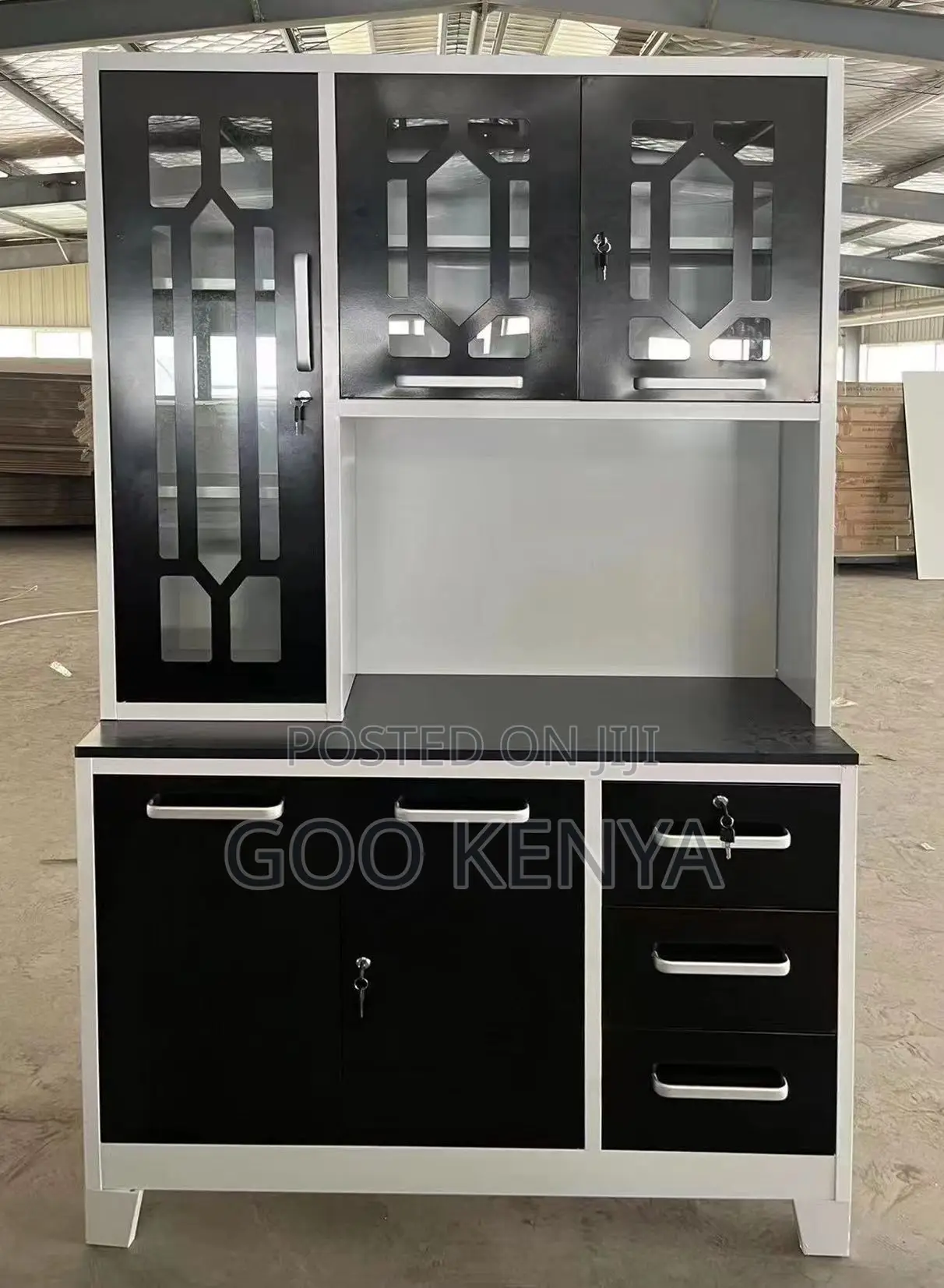 Kitchen Cupboard; Metal And Glass Kitchen Cupboard With Shelves
