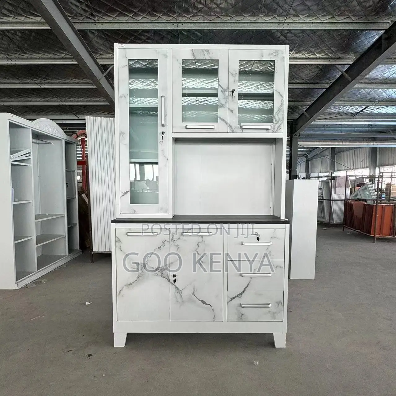 Kitchen Cupboard; Metal And Glass Kitchen Cupboard With Shelves