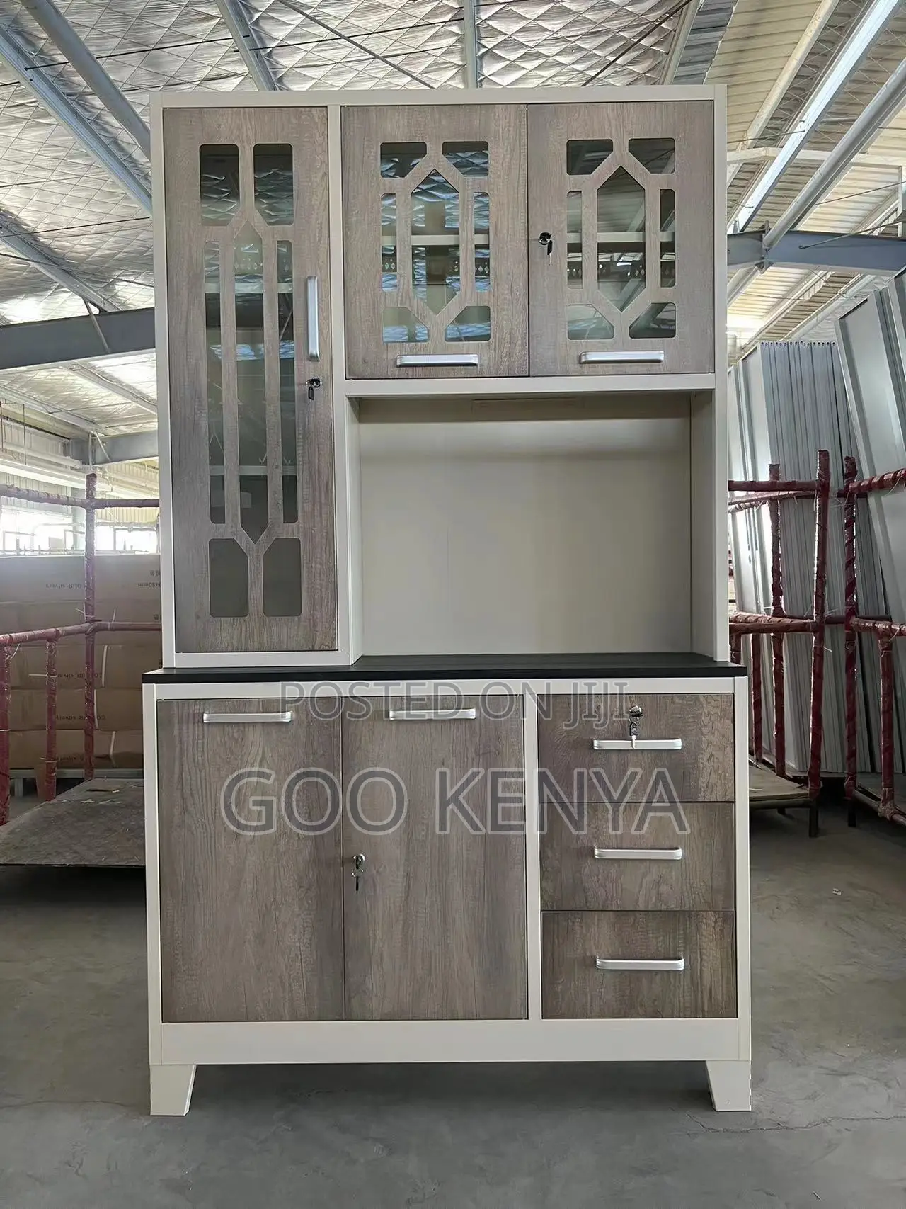 Kitchen Cupboard; Metal And Glass Kitchen Cupboard With Shelves
