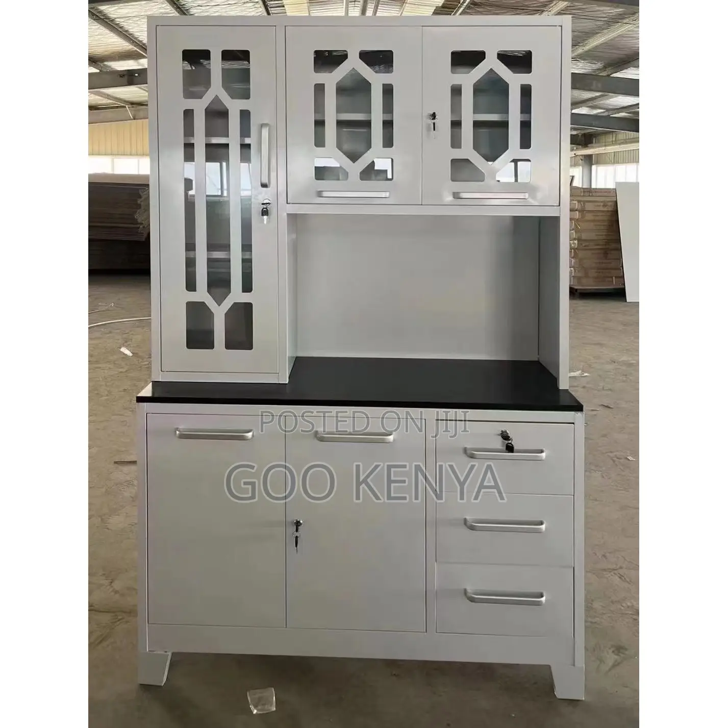Kitchen Cupboard; Metal And Glass Kitchen Cupboard With Shelves