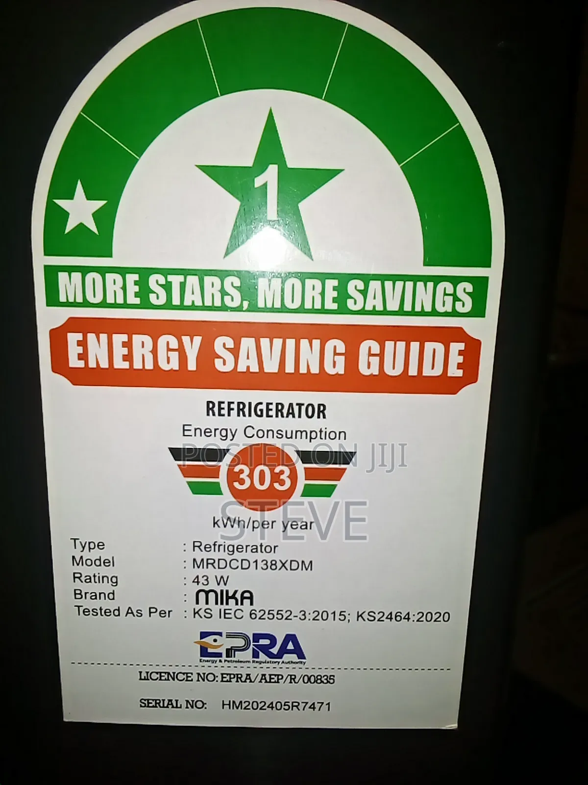 Mika 138ltr, Energy Saver, 43 Watts A++ , 6 Months Old