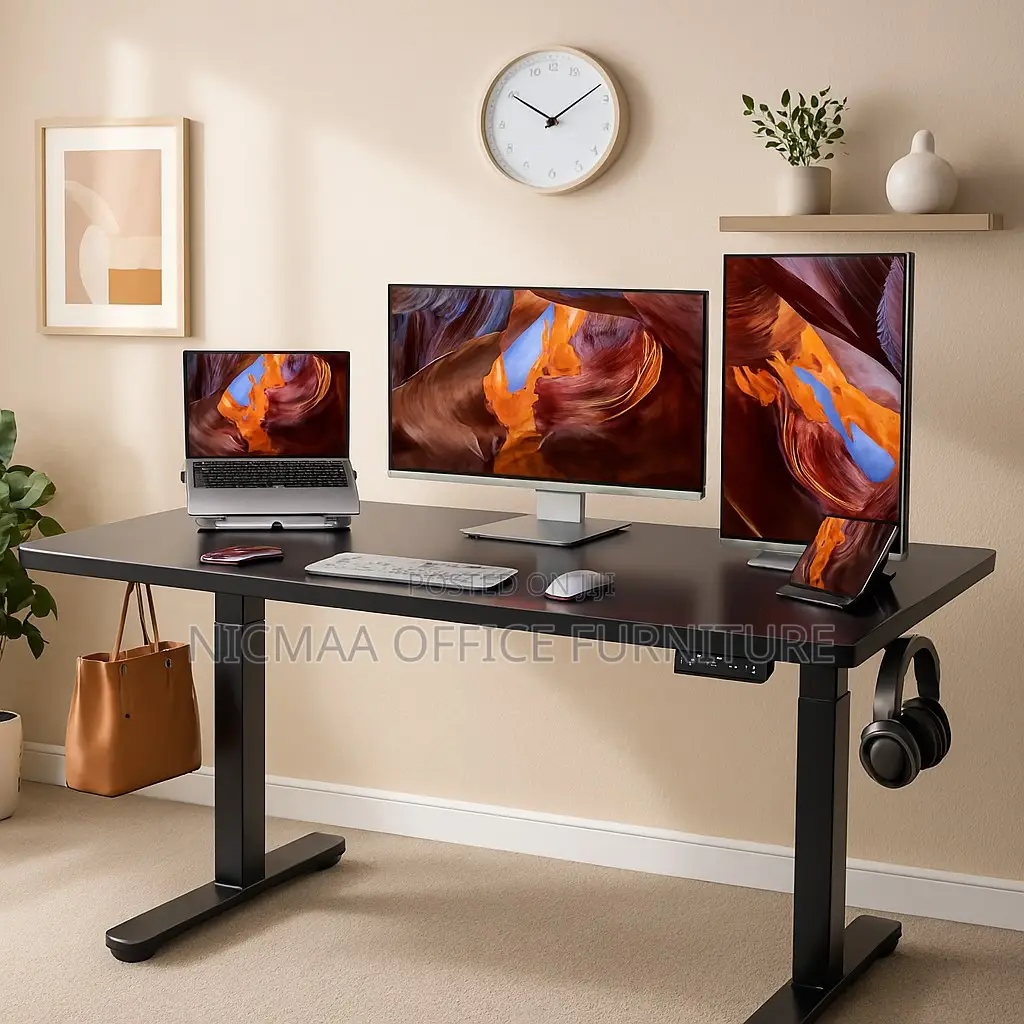 Office Desk: Modern Executive Height-Adjustable Desk Sleek Finish