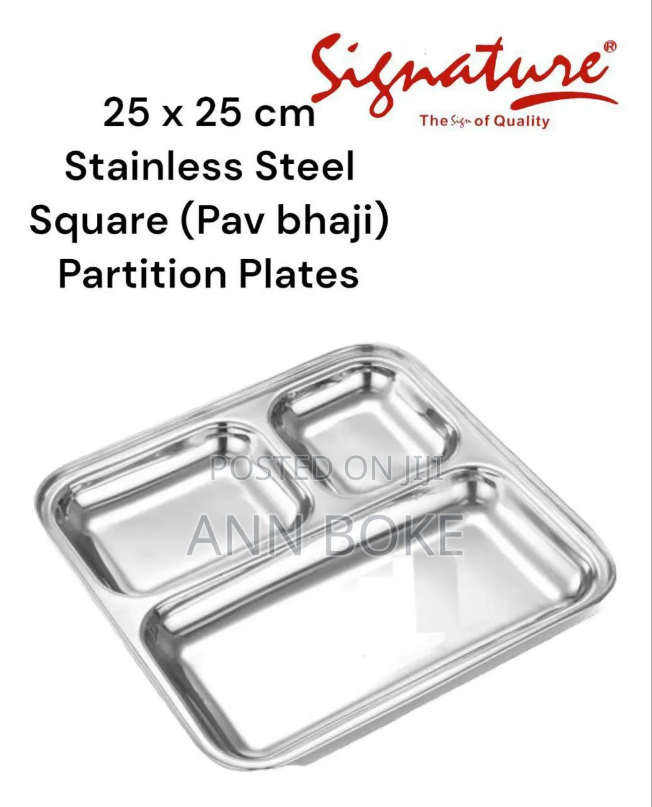 25 X 25 Cm Square Stainless Steel Pav Bhaji (Partition) Plates