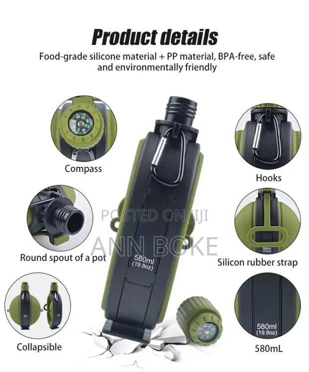 1pcs Foldable Silicone Water Bottle With Compass - thumbnail 2