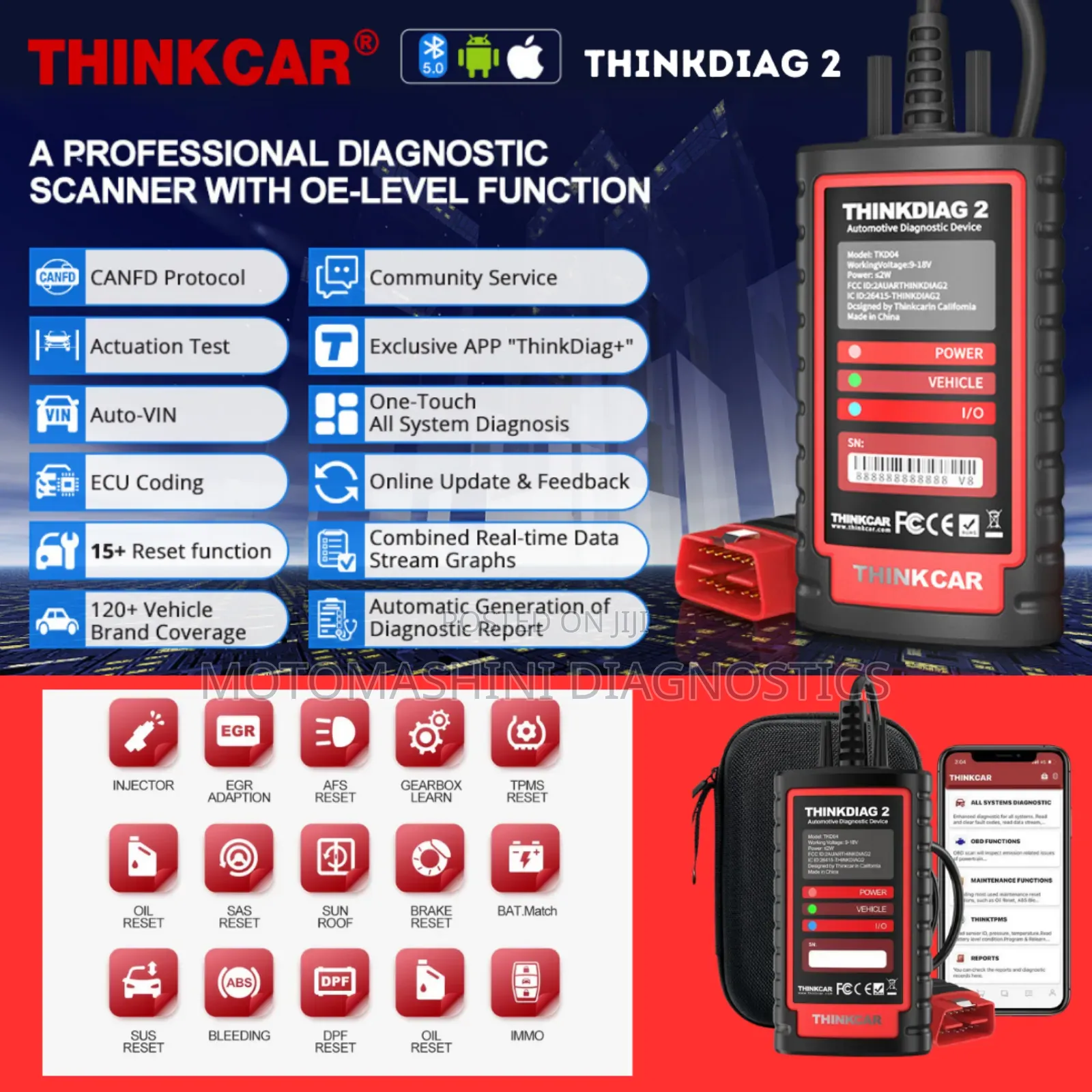 Thinkdiag 2 Vehicle Obd-Ii Bluetooth Diagnosis All Systems Vci Scanner