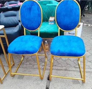 Manicure Chairs With Blue Velvet Upholstery, Gold Metal Frame.