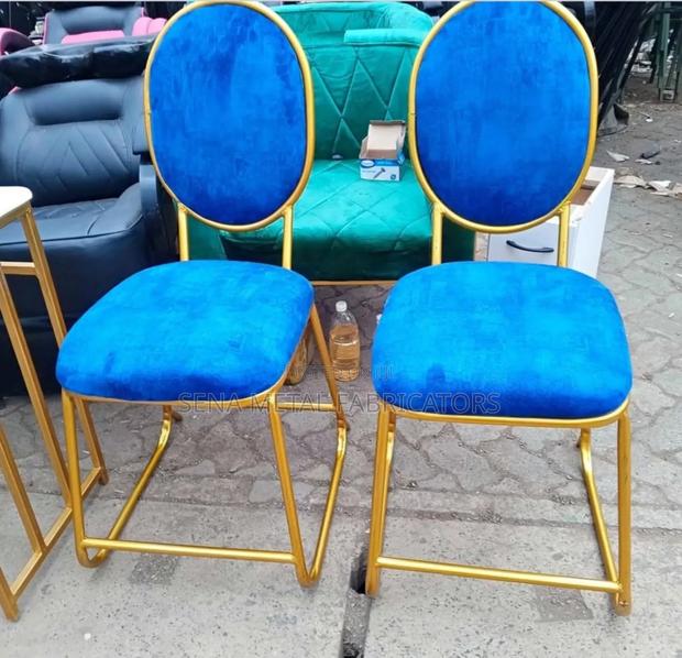 Manicure Chairs With Blue Velvet Upholstery, Gold Metal Frame. - main view